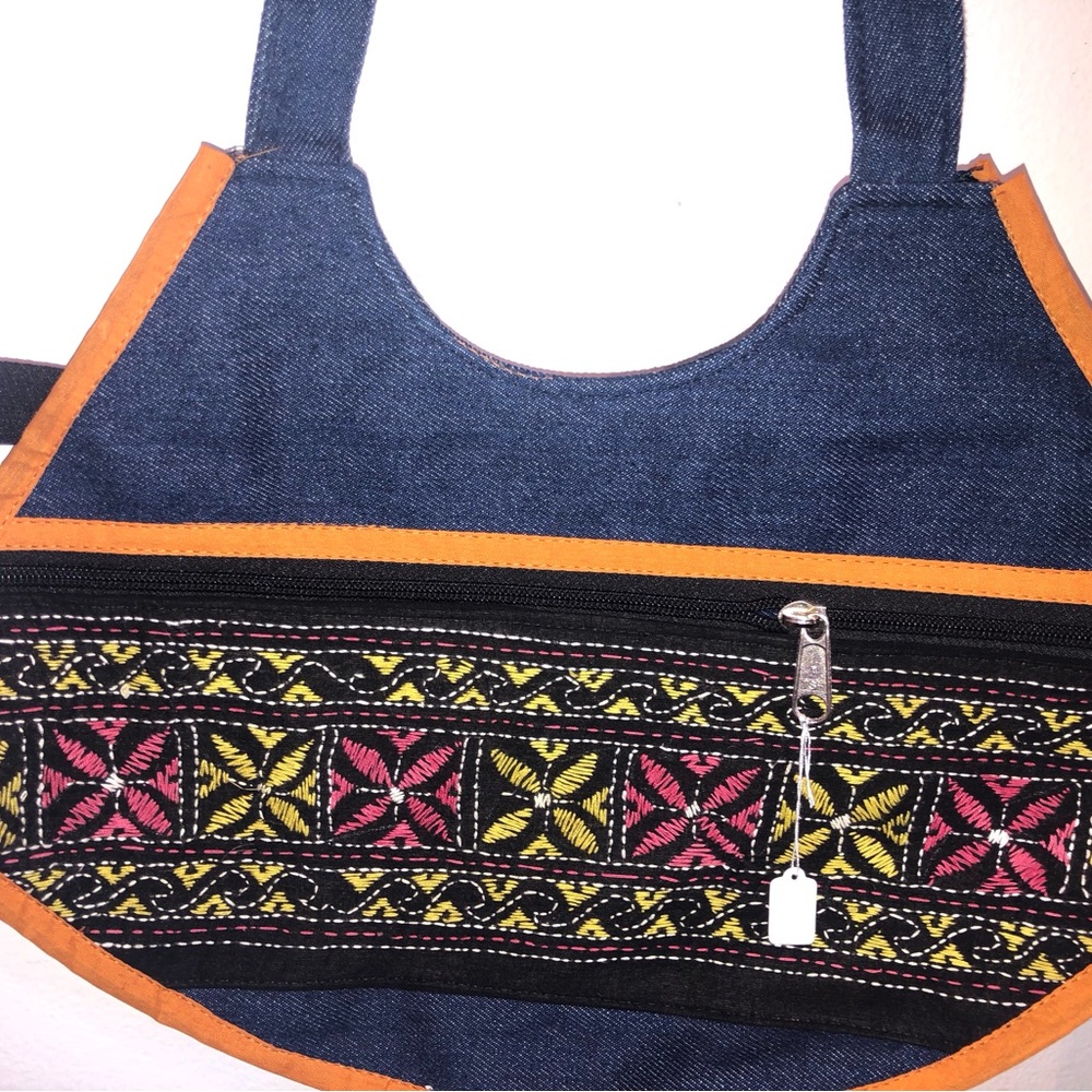 Embroidered Denim Shoulder Bag with Orange Trim